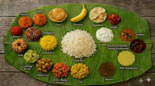 Traditional Tamil banana leaf feast with various dishes including rice, sambar, rasam, and other delicacies